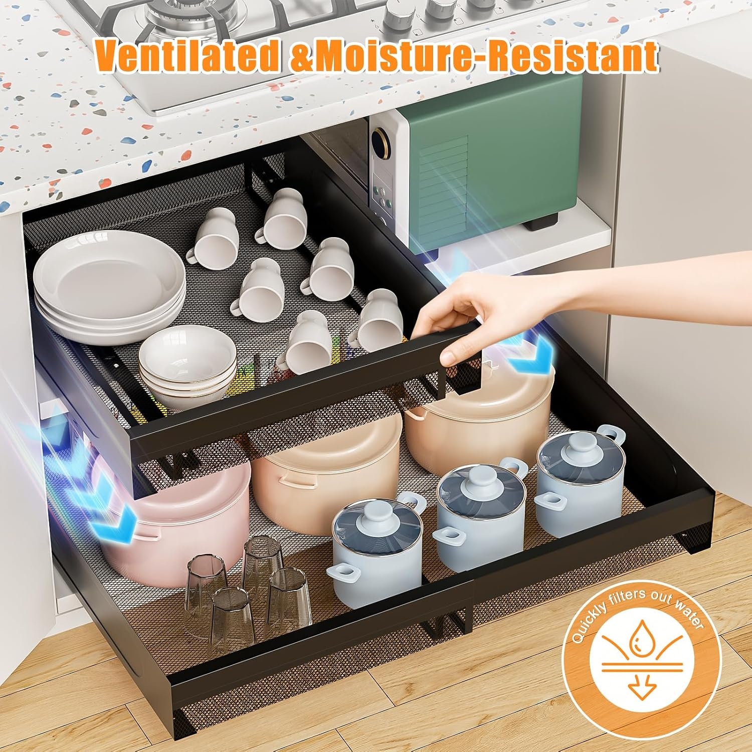 image:imageHisencn Pull Out Cabinet Organizers 16Deep Expandable Cabinet Drawers for Kitchen Cabinets Easytoinstall Cabinet Organizers Without Screws Strong and sturdy For kitchen storage Home amp Bathroom