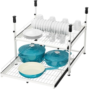 Hisencn Expandable 2-Tier Pull Out Cabinet Organizer | 13″-21″ Wide Slide-Out Drawers, Pull Out Drawers for Cabinets, White(White)