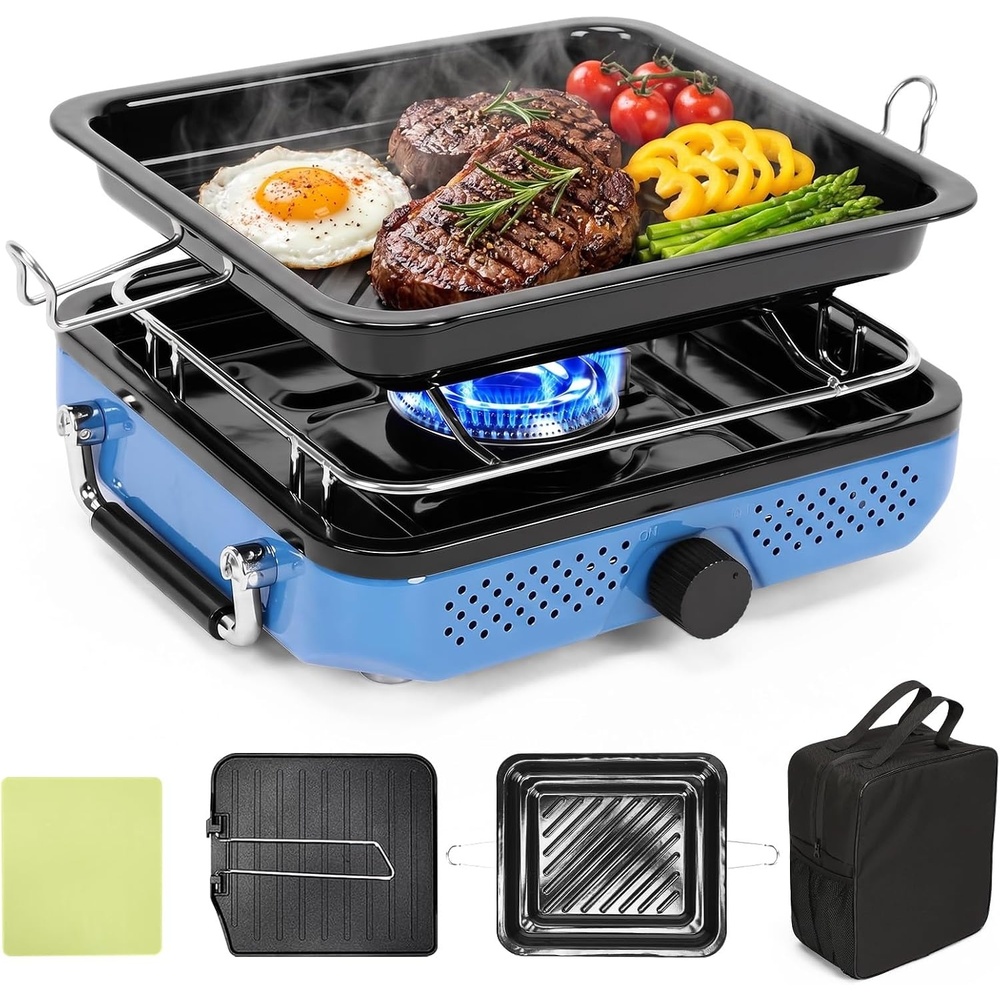 image:imageHisencn single burner camp stove with Grill Pan for CampingRV Essentials  15000 BTU Propane Camping Stove with Cutting Board amp Carrying BagPortable Camp Stove Set Gifts For ManBlueBlue