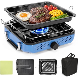 Hisencn single burner camp stove with Grill Pan for Camping,RV Essentials | 15,000 BTU Propane Camping Stove with Cutting Board & Carrying Bag,Portable Camp Stove Set Gifts For Man,Blue(Blue)